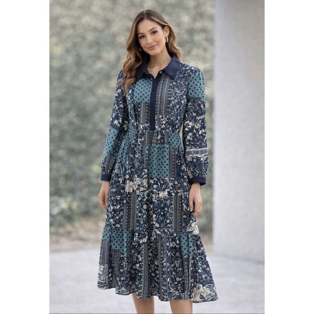NWT Umgee Blue & White Pachwork Midi Length Dress Size Small